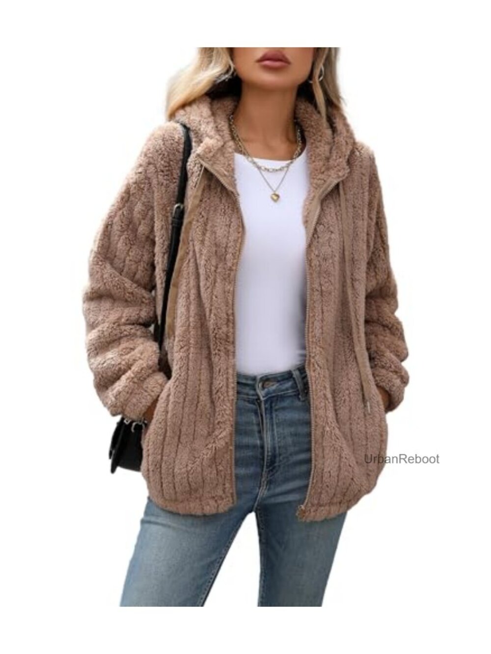 Women's Full Zip Sherpa Fleece Hooded Jacket Loose Fit